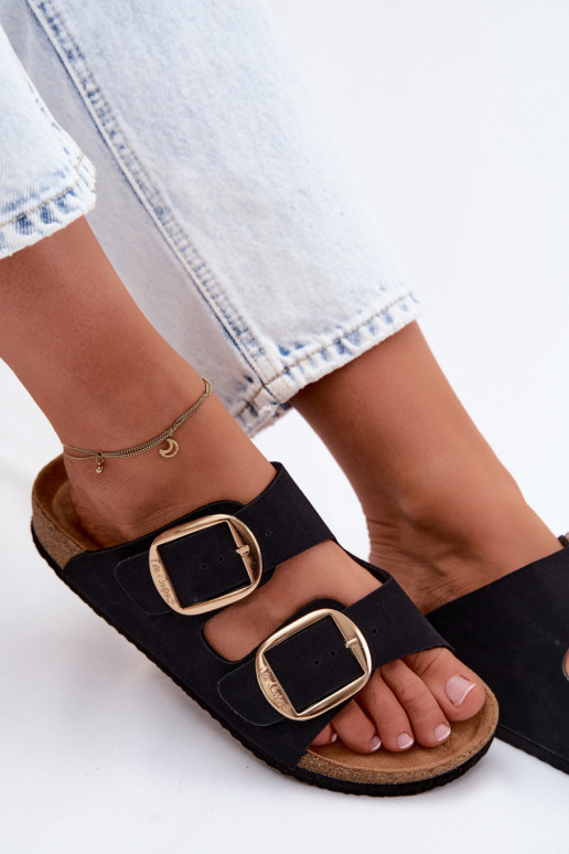 Damenhausschuhe Auf einer Korksohle mit Schnallen Lee Cooper LCIN-26-35-4455L schZuarze Farbe