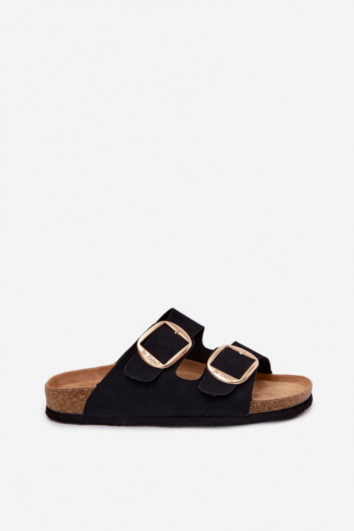 Damen-Pantoletten mit Korksohle und Schnallen Lee Cooper LCIN-26-35-4455L in Schwarz