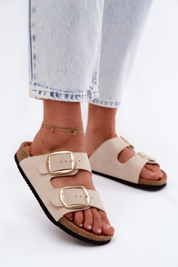 Damen-Pantoletten mit Korksohle und Schnallen Lee Cooper LCIN-26-35-4454L in Sand 2