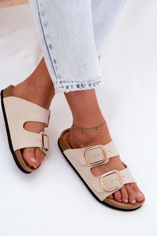 Damen-Pantoletten mit Korksohle und Schnallen Lee Cooper LCIN-26-35-4454L in Sand