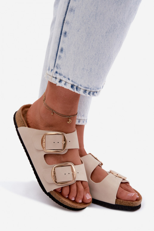 Damen-Pantoletten mit Korksohle und Schnallen Lee Cooper LCIN-26-35-4454L in Sand