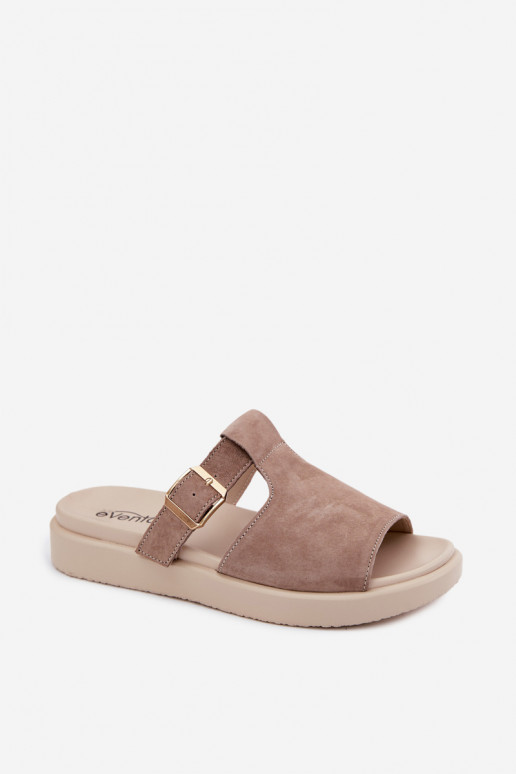 Damen Slipper aus Kunstwildleder mit goldenen Schnallen in sandfarbener Zemela