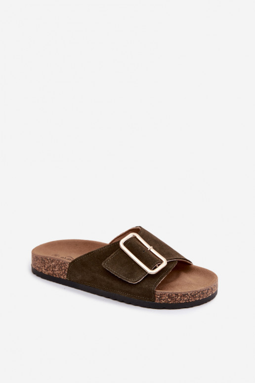Faux-Suede Damen Hausschuhe mit Schnallen in khakifarbenem Design Beryl