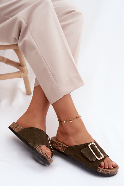 Faux-Suede Damen Hausschuhe mit Schnallen in khakifarbenem Design Beryl