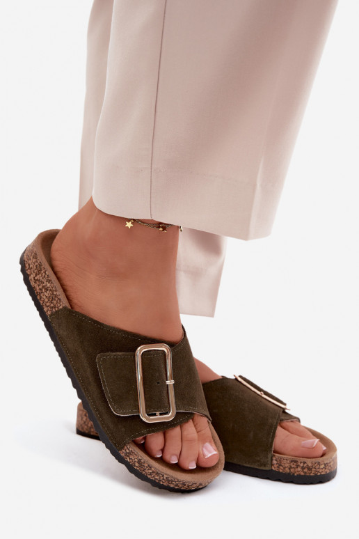 Faux-Suede Damen Hausschuhe mit Schnallen in khakifarbenem Design Beryl