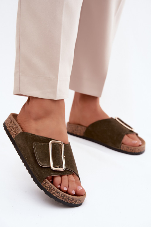 Faux-Suede Damen Hausschuhe mit Schnallen in khakifarbenem Design Beryl