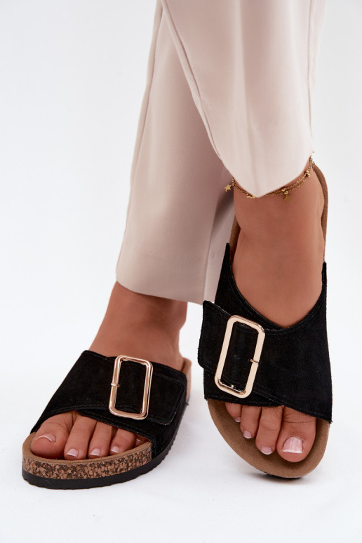 Faux-Suede Damen Hausschuhe mit Schnallen in schwarzer Ausführung Beryl