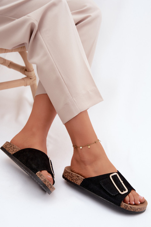 Faux-Suede Damen Hausschuhe mit Schnallen in schwarzer Ausführung Beryl