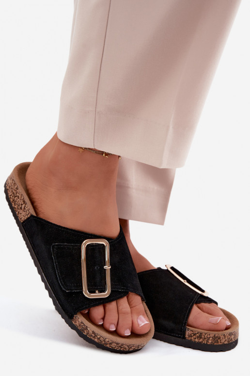 Faux-Suede Damen Hausschuhe mit Schnallen in schwarzer Ausführung Beryl