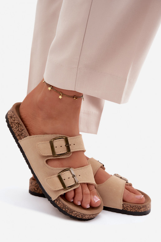 INildlederpantoffeln Auf einer Korksohle mit Schnallen Beige Tavira