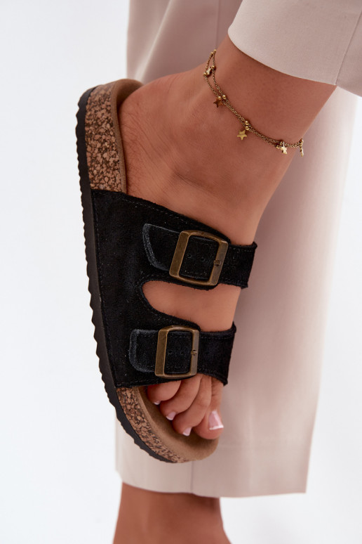 INildlederpantoffeln Auf einer Korksohle mit Schnallen schZuarze Farbe Tavira