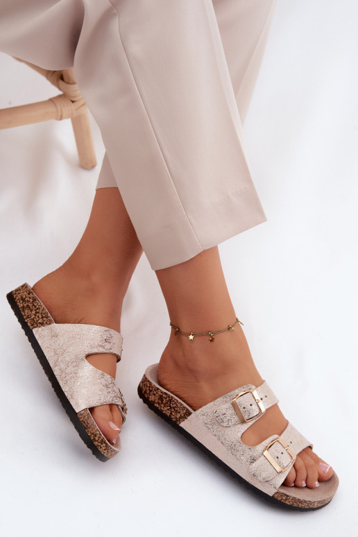 Damenhausschuhe mit Schnallen goldene Farbe Dobby