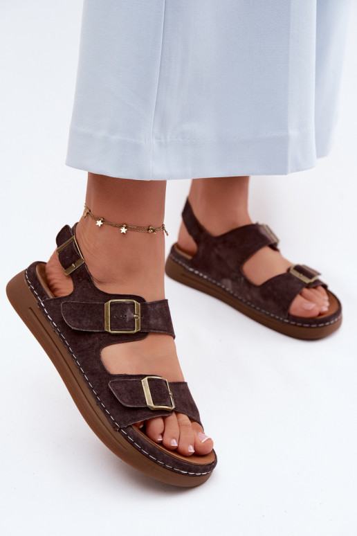Braune Kunstveloursleder Damen-Sandalen mit Schnallen Vinceza 79620