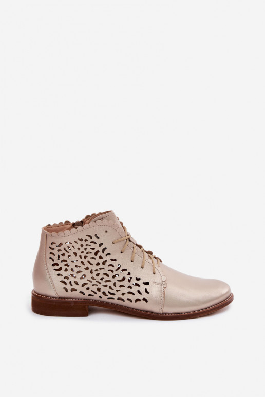 Elegante goldene perforierte Lederstiefeletten mit breiten Absätzen Zazoo 4078
