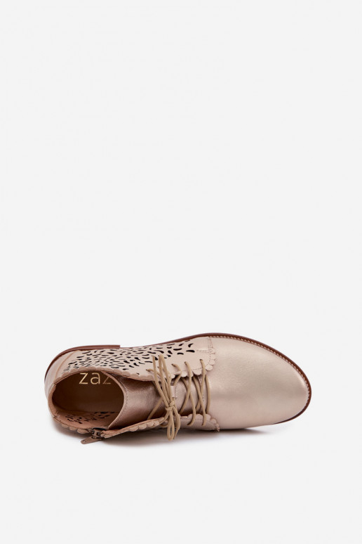 Elegante goldene perforierte Lederstiefeletten mit breiten Absätzen Zazoo 4078