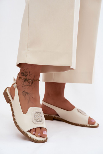 Damensandalen mit breiten Absätzen mit Ornamenten S.Barski KV61-6016 Creme farben