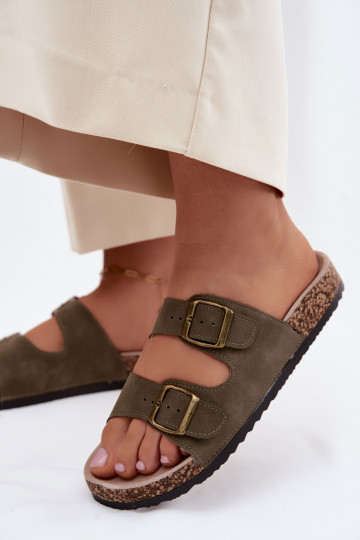 Damenhausschuhe mit Schnallen Auf einer Korksohle Khaki-Farbe-Farbe Harleen