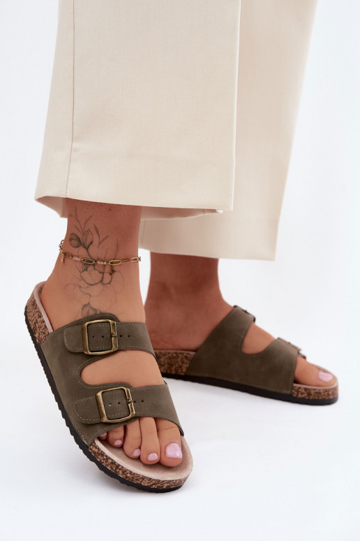 Khaki Damen-Slipper mit Schnallen auf Korksohle Harleen