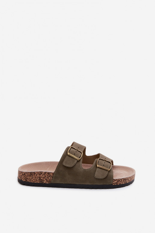 Khaki Damen-Slipper mit Schnallen auf Korksohle Harleen