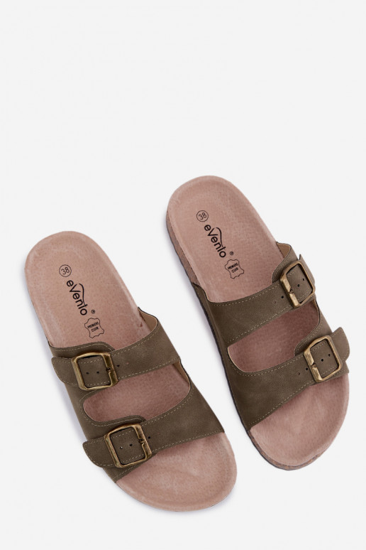 Khaki Damen-Slipper mit Schnallen auf Korksohle Harleen