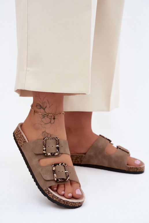 Sandfarbene Damen-Slipper mit Schnallen und Schlangenmustern auf Korksohle Melia