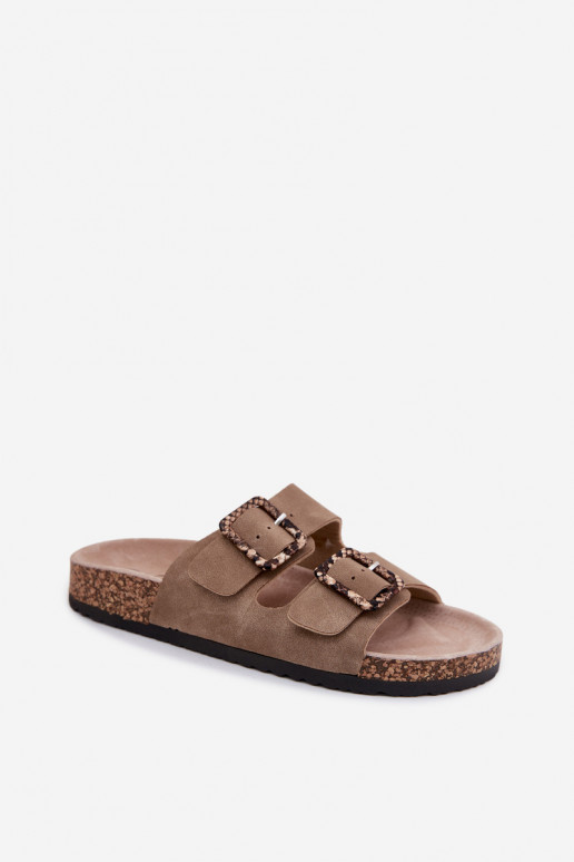 Sandfarbene Damen-Slipper mit Schnallen und Schlangenmustern auf Korksohle Melia