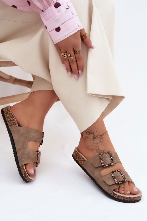 Damenhausschuhe Auf einer Korksohle mit Schnallen Schlangenmuster Beige Melia