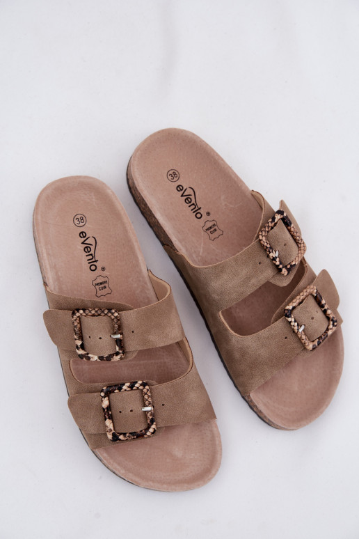 Sandfarbene Damen-Slipper mit Schnallen und Schlangenmustern auf Korksohle Melia