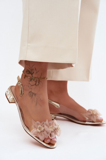 Transparente Sandalen mit funkelnden Steinen und Netzblumenmotiven D&A MR61-9006 gold