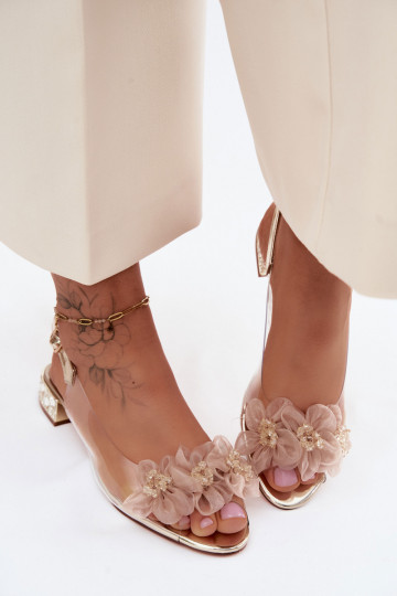 Transparente Sandalen mit funkelnden Steinen und Netzblumenmotiven D&A MR61-9006 gold 2