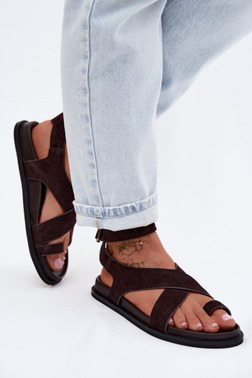 Flache Sandalen aus natürlichem Wildleder D&A CR61-3049 schokoladenbraun