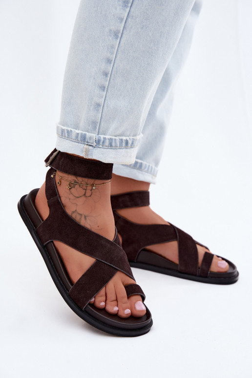 Flache Sandalen aus natürlichem Wildleder D&A CR61-3049 schokoladenbraun