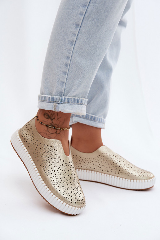 Slipper-Schuhe mit Spitzen-Elementen und Plattform in goldfarbenem Glamma