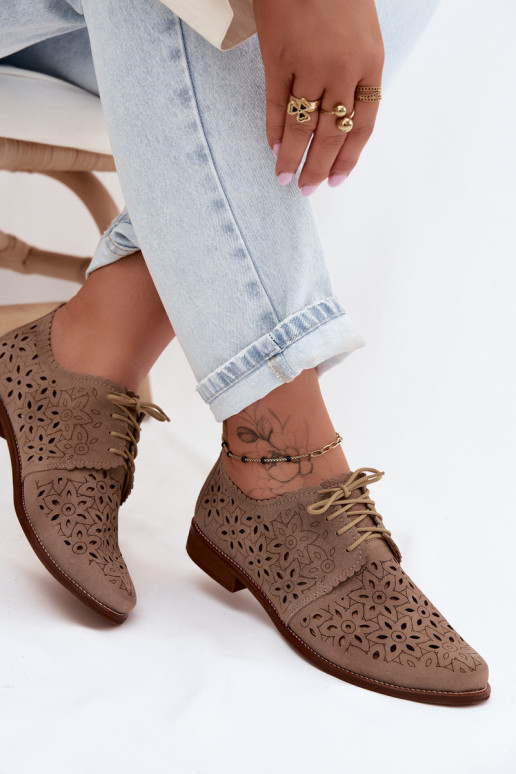 Haut aus INildleder Schuhe Feminin mit durchbrochenen Elementen mit breiten Absätzen Zazoo 4156 Cappuccino-Farbe