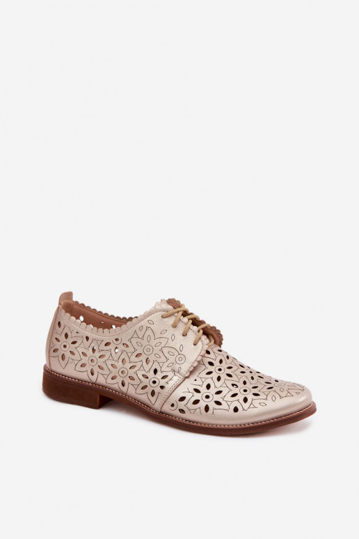 Leder-Schuhe mit Spitzen-Elementen und breiten Absätzen in Gold