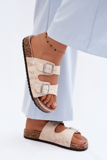 Damen-Slipper auf Kork mit Schnallen in Sand- und Goldfarbe Vivio