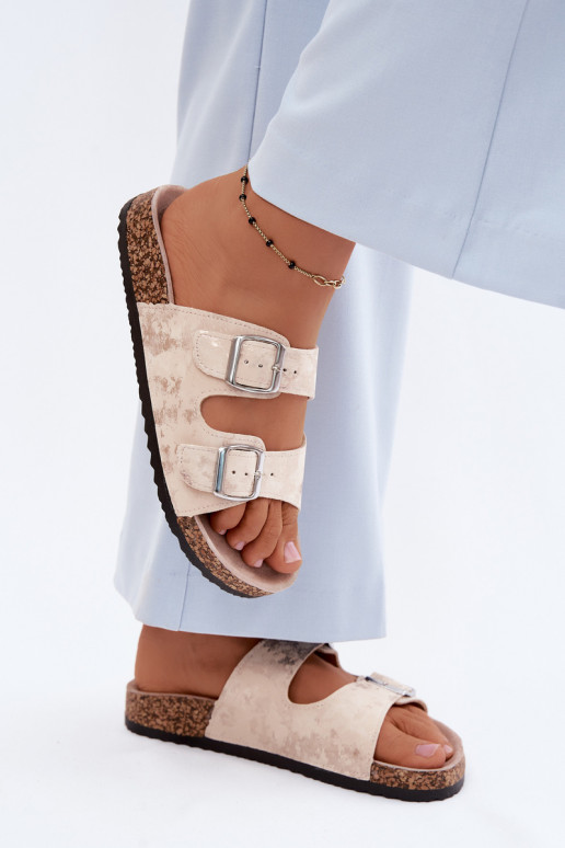 Damen-Slipper auf Kork mit Schnallen in Sand- und Goldfarbe Vivio