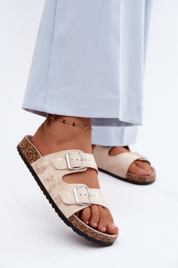 Damen-Slipper auf Kork mit Schnallen in Sand- und Goldfarbe Vivio 2
