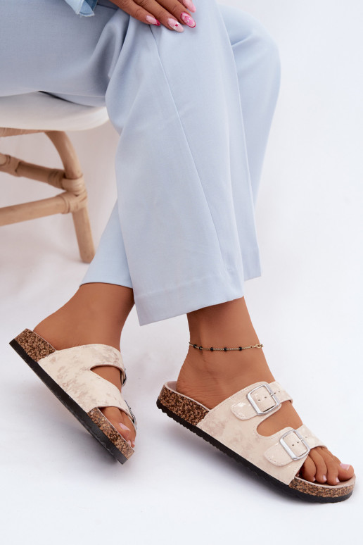 Damen-Slipper auf Kork mit Schnallen in Sand- und Goldfarbe Vivio