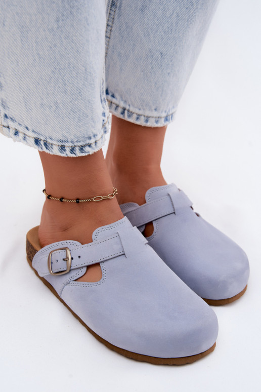 Leder Mule Pantoletten mit Schnallen in hellblauer Farbe von Zazoo