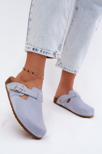 Leder Mule Pantoletten mit Schnallen in hellblauer Farbe von Zazoo 2