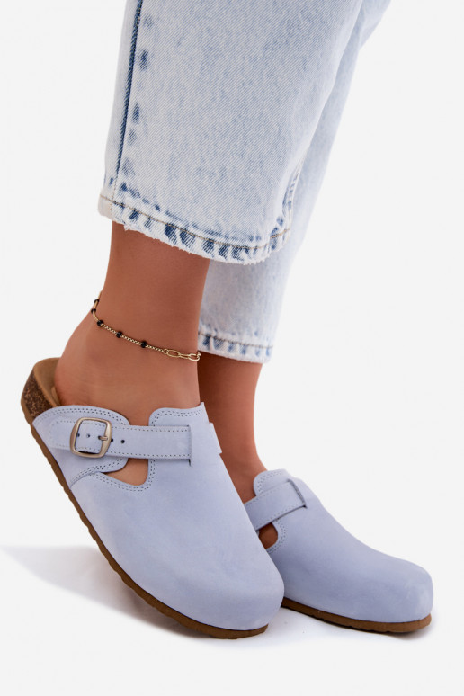 Leder Mule Pantoletten mit Schnallen in hellblauer Farbe von Zazoo