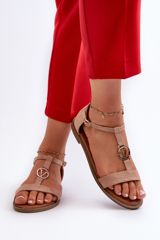 Flache Sandalen für Damen mit goldenen Details Vinceza 17321 Beige