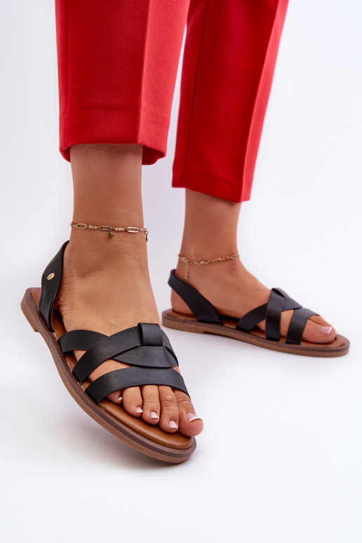 Flache Damen-Sandalen aus schwarzem Kunstleder Vinceza 17347