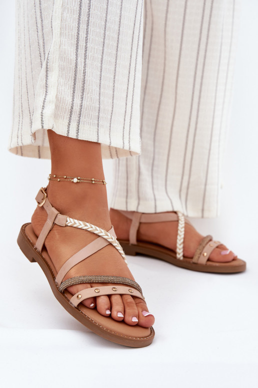 Flache Sandalen mit Riemen in Elfenbein Vinceza 17379