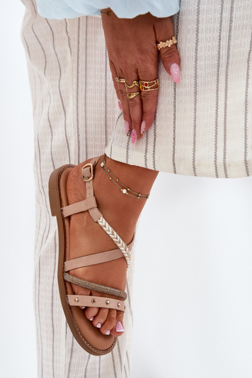 Flache Sandalen mit Riemen in Elfenbein Vinceza 17379