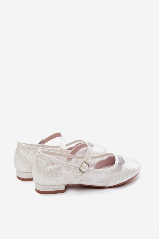 Glänzende Kinder-Ballerinas mit Netz und Herzen in Weiß Binky