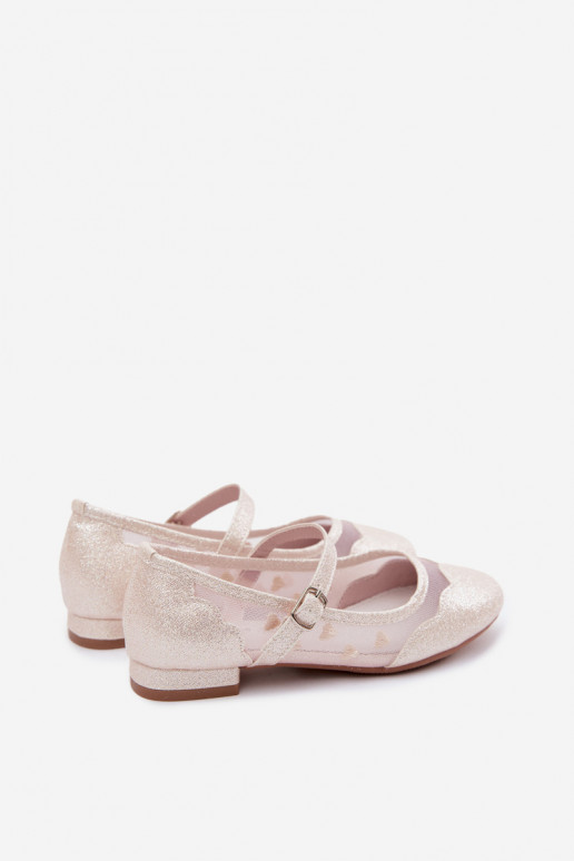 Glänzende Kinder-Ballerinas mit Netz und Herzen in Sandfarbe Binky