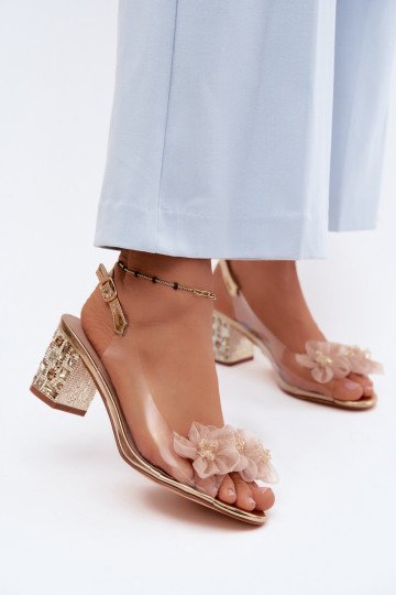 Durchsichtige Sandalen mit Absatz, funkelnden Ösen und Blumenmotiven D&A MR61-9009 goldfarben