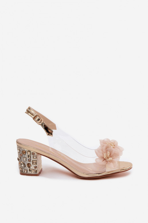 Durchsichtige Sandalen mit Absatz, funkelnden Ösen und Blumenmotiven D&A MR61-9009 goldfarben